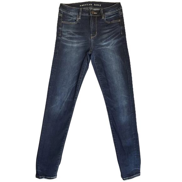American Eagle Women Jeans 4 SHORT Dark Blue Denim Super Stretch Skinny Button - Picture 1 of 11